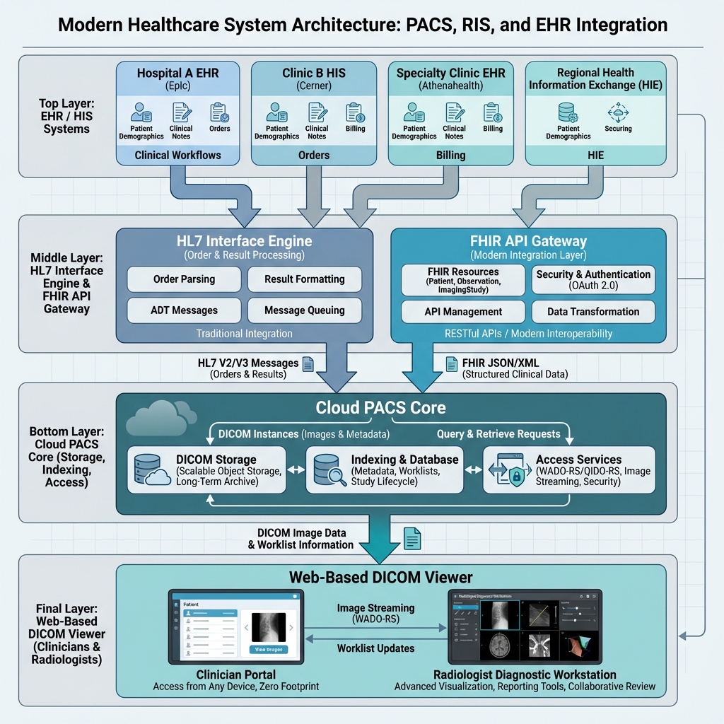 Cloud PACS-Integrationsarchitektur mit HL7- und FHIR-Gesundheitssystemen